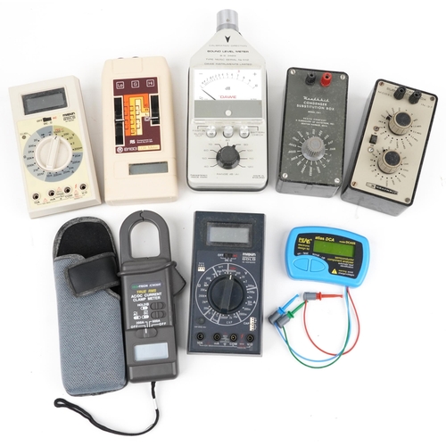 1411 - Vintage and later hand held electronic meters and resistance boxes including Iso-Tech clamp meter, D... 