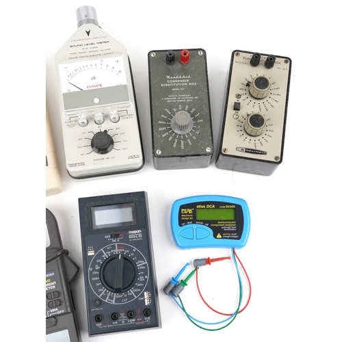 1411 - Vintage and later hand held electronic meters and resistance boxes including Iso-Tech clamp meter, D... 