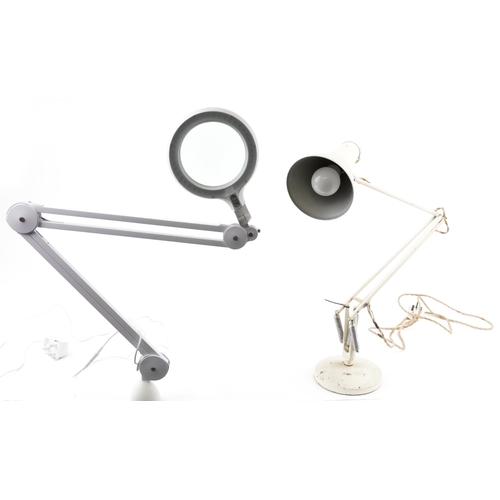 1439 - Vintage Herbert Terry white enamel Anglepoise table lamp and a desk top magnifying table lamp, the l... 