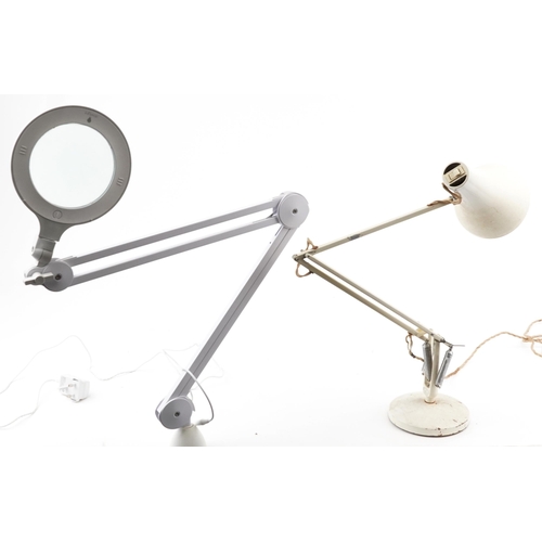 1439 - Vintage Herbert Terry white enamel Anglepoise table lamp and a desk top magnifying table lamp, the l... 