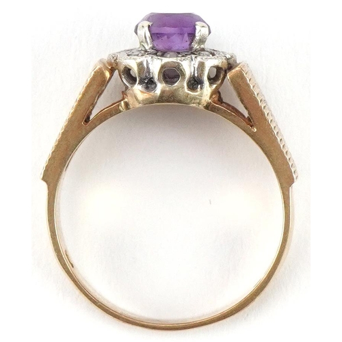 2244 - 9ct gold amethyst and diamond flower head ring with engine turned shoulders, size O, 3.7g