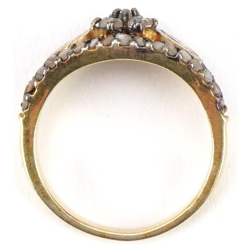 2090 - Antique style yellow metal diamond flowerhead cluster ring, size M, 3.1g