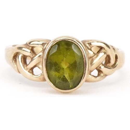 Celtic style 9ct gold green amethyst solitaire ring, size N, 3.0g