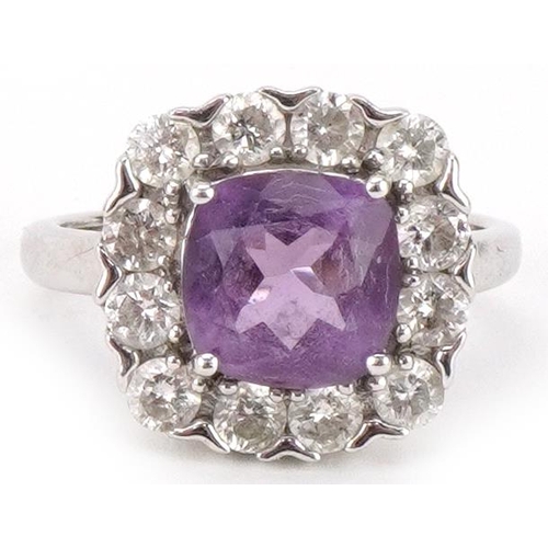 9ct white gold amethyst and diamond cluster ring, total diamond weight approximately 1.00 carat, size J/K, 4.0g