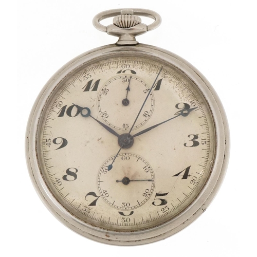 2310 - Art Deco gentlemen's white metal open face keyless chronograph pocket watch having silvered and subs... 