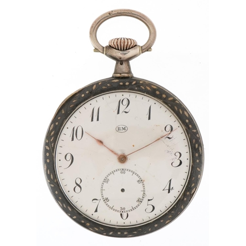 French silver niello work open face keyless pocket watch having enamelled and subsidiary dials with Arabic numerals, inscribed BM, 48mm in diameter