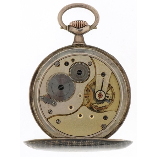 2190 - French silver niello work open face keyless pocket watch having enamelled and subsidiary dials with ... 