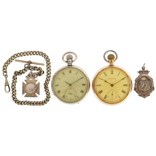 2718 - Two gentlemen's open face keyless pocket watches with two silver sports jewels and a white metal wat... 