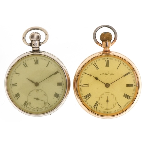 2718 - Two gentlemen's open face keyless pocket watches with two silver sports jewels and a white metal wat... 