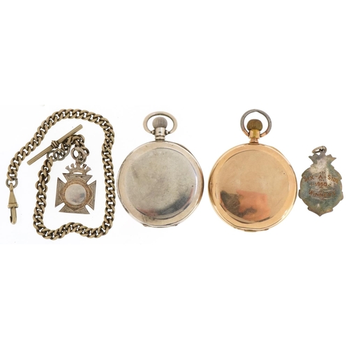 2718 - Two gentlemen's open face keyless pocket watches with two silver sports jewels and a white metal wat... 