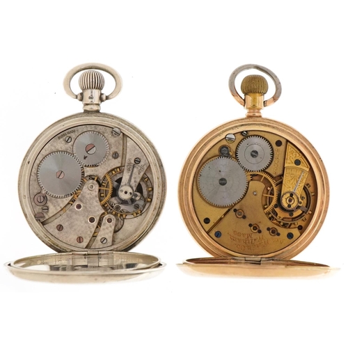 2718 - Two gentlemen's open face keyless pocket watches with two silver sports jewels and a white metal wat... 