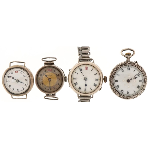 2723 - Three antique ladies silver wristwatches and a ladies silver open face pocket watch, three with enam... 