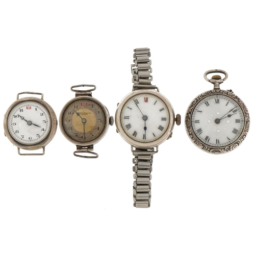 2723 - Three antique ladies silver wristwatches and a ladies silver open face pocket watch, three with enam... 