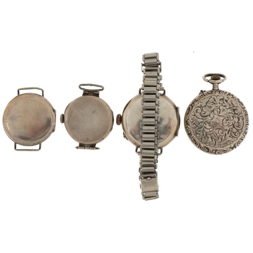 2723 - Three antique ladies silver wristwatches and a ladies silver open face pocket watch, three with enam... 