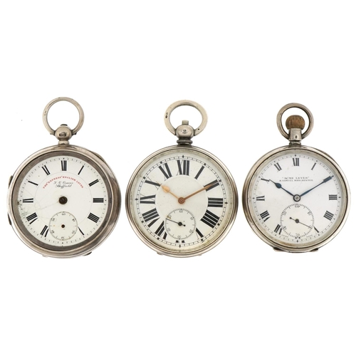 2698 - Three gentlemen's silver open face pocket watches having enamelled and subsidiary dials with Roman a... 