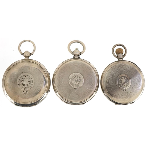 2698 - Three gentlemen's silver open face pocket watches having enamelled and subsidiary dials with Roman a... 