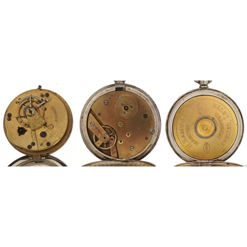 2698 - Three gentlemen's silver open face pocket watches having enamelled and subsidiary dials with Roman a... 