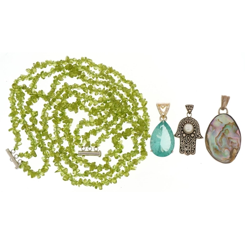 2669 - Three row green stone necklace and three silver pendants including Hand of Fatima by ATI ID, the lar... 