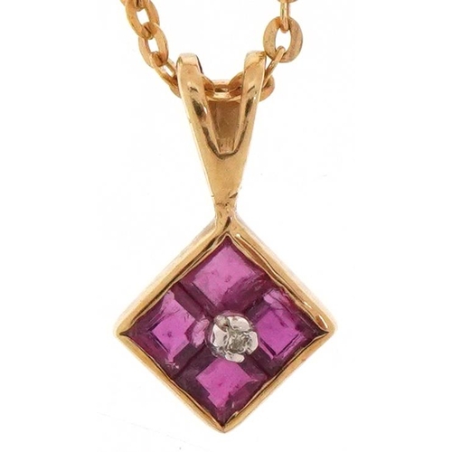 2115 - 9ct gold pink spinel and diamond pendant on a Italian Unoaerre 14ct gold necklace, 1.3cm high and 44... 