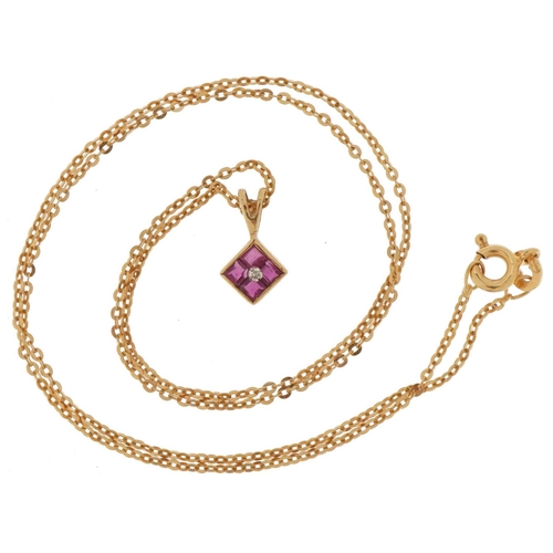 2115 - 9ct gold pink spinel and diamond pendant on a Italian Unoaerre 14ct gold necklace, 1.3cm high and 44... 