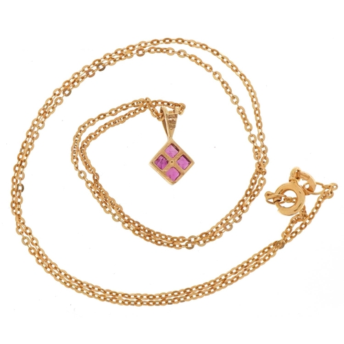 2115 - 9ct gold pink spinel and diamond pendant on a Italian Unoaerre 14ct gold necklace, 1.3cm high and 44... 