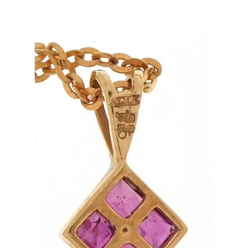 2115 - 9ct gold pink spinel and diamond pendant on a Italian Unoaerre 14ct gold necklace, 1.3cm high and 44... 