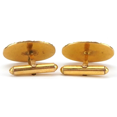 2179 - Pair of Chinese 14k gold cufflinks with character marks, each 2.2cm wide, total 6.8g