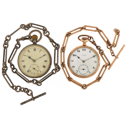 2672 - Two gentlemen's open face keyless pocket watches with chains comprising one silver with silver chain... 