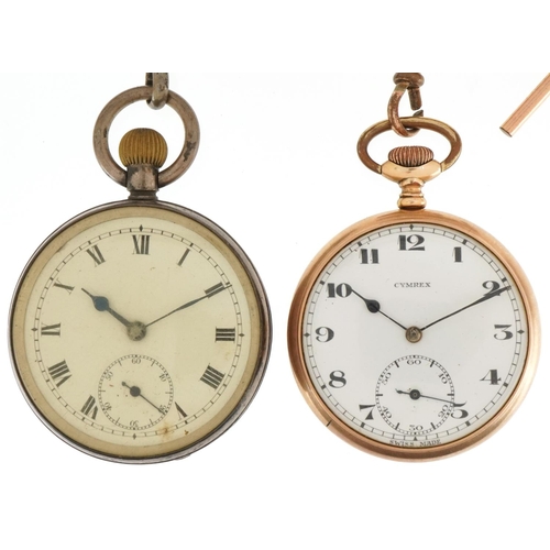 2672 - Two gentlemen's open face keyless pocket watches with chains comprising one silver with silver chain... 