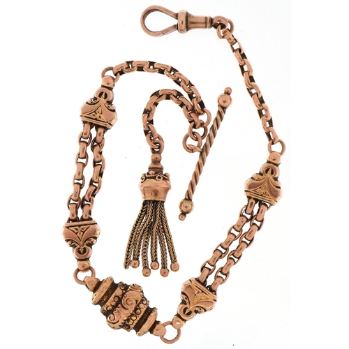 Victorian 9ct rose gold watch chain with T bar, dog clip clasp and tassel, 26cm in length, 11.7g