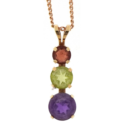 2129 - 14k gold graduated multi gem pendant on a 9ct gold necklace, 2.1cm high and 46cm in length, total 2.... 