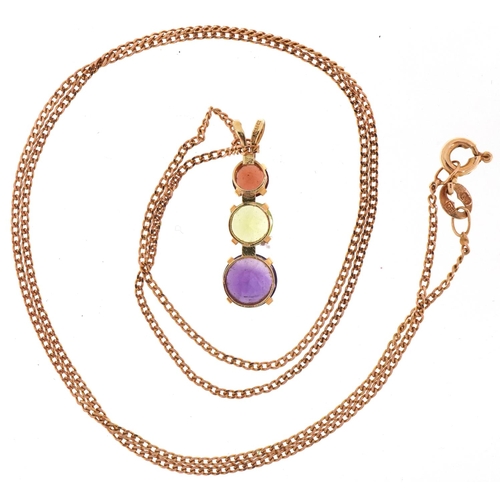 2129 - 14k gold graduated multi gem pendant on a 9ct gold necklace, 2.1cm high and 46cm in length, total 2.... 