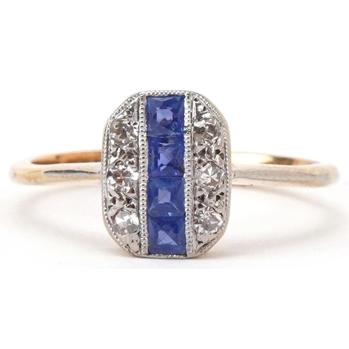 Art Deco 18ct gold and platinum diamond and sapphire cluster ring housed in a W Bruford & Son Eastbourne jeweller's box, size J/K, 2.0g