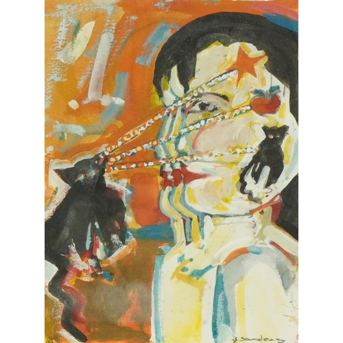 1139 - Susan Sanders - Abstract composition, face with cats, gouache, Richard Parkinson & Wye Art Gallery l... 