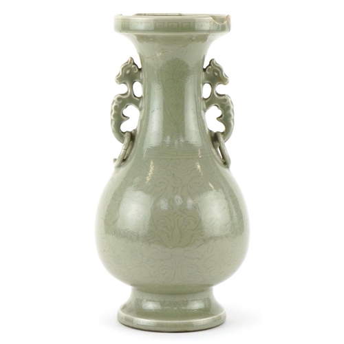 211 - Chinese porcelain vase having a celadon glaze with animalia ring turned handles, incised underglaze ... 