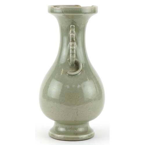 211 - Chinese porcelain vase having a celadon glaze with animalia ring turned handles, incised underglaze ... 