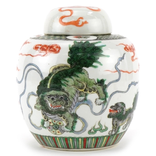219 - Chinese porcelain ginger jar and cover hand painted in the famille verte palette  with qilins amongs... 