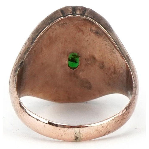 2305 - Chinese gold cabochon green jade ring, HK maker's mark, size O, 6.6g