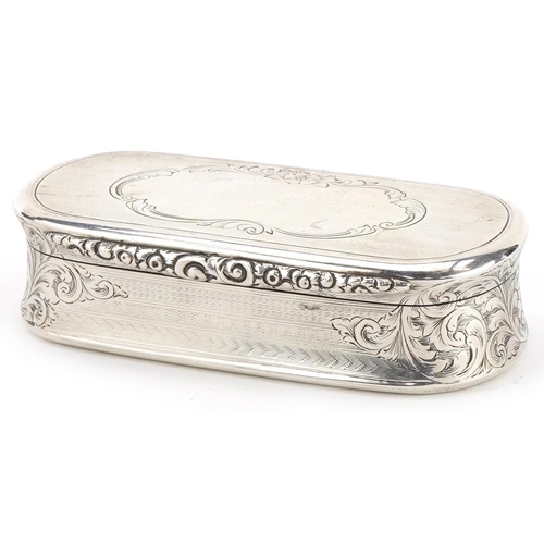 William Dudley, Victorian silver floral engraved and engine turned snuff box with hinged lid and gilt interior, Birmingham 1864, 10cm wide, 130.0g
