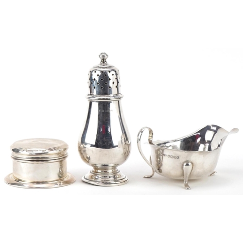 498 - George V and later silver comprising baluster shaped caster, three footed sauce boat and unmarked si... 