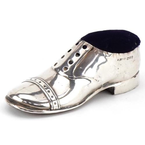 S Blanckensee & Son Ltd, large George V silver pin cushion in the form of a shoe, Chester 1912, 13cm in length, 131.6g