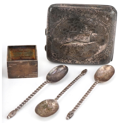 508 - George V and later silver including set of six coffee bean spoons with fitted case, floral engraved ... 