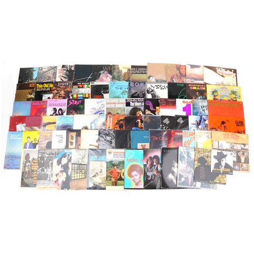 Vinyl LP records including Led Zeppelin, The Rolling Stones Sticky Fingers with zip cover, Jimi Hendrix, Bob Dylan, The Who, The Yardbirds, Wishbone Ash and Bon Jovi