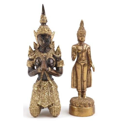 1390 - Two Thai gilt metal figures of Buddha including a kneeling example, the largest 12cm high