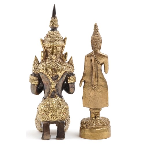 1390 - Two Thai gilt metal figures of Buddha including a kneeling example, the largest 12cm high