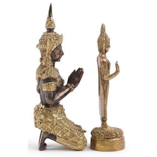 1390 - Two Thai gilt metal figures of Buddha including a kneeling example, the largest 12cm high