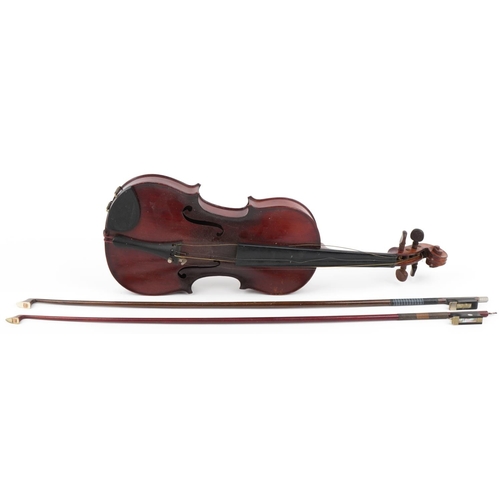 1239 - Old wooden violin with two bows housed in a hardwood case, the violin back 13 inches in length