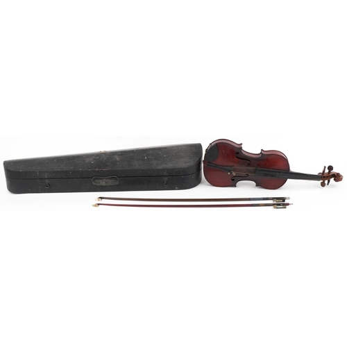 1239 - Old wooden violin with two bows housed in a hardwood case, the violin back 13 inches in length