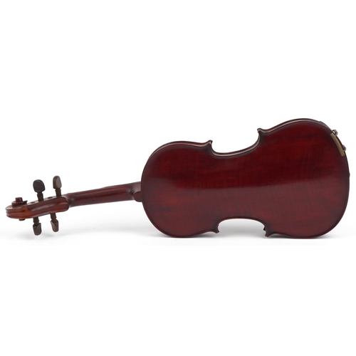 1239 - Old wooden violin with two bows housed in a hardwood case, the violin back 13 inches in length