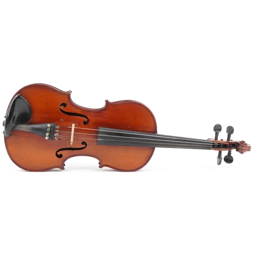 1238 - Old wooden violin with fitted case, the violin back 14 inches in length